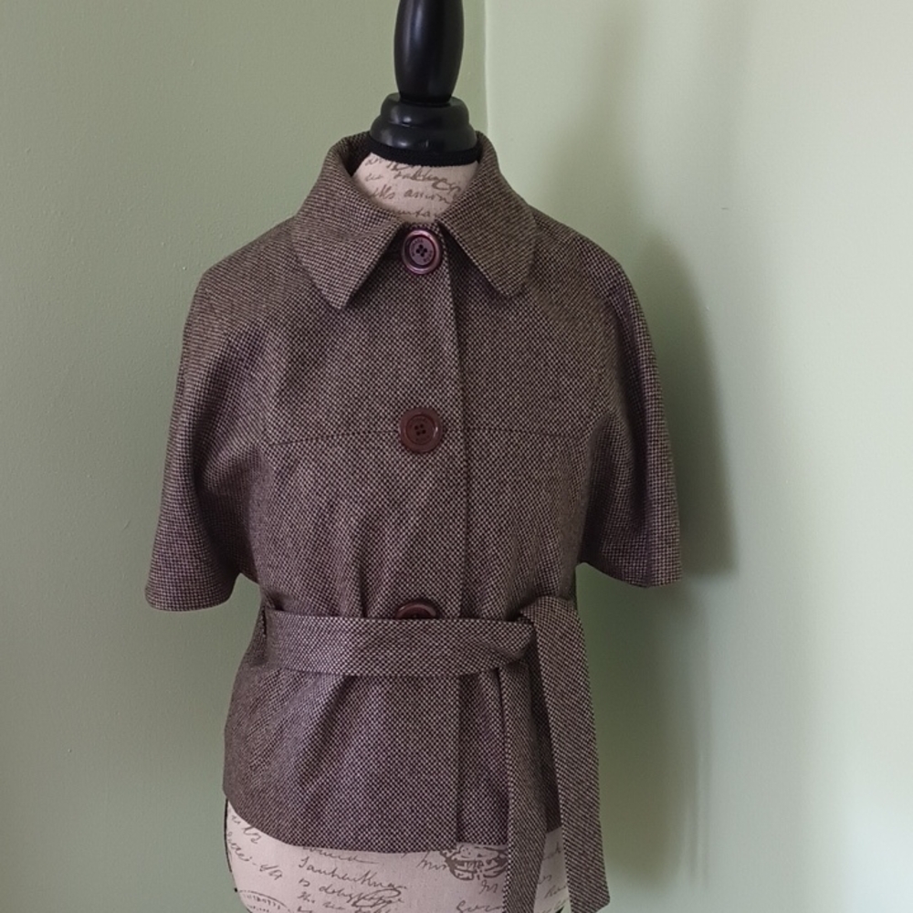 Michael Kors Brown & Crean Textured Jacket Tie Belt Sz 8 Quiet Luxury Wool Easy